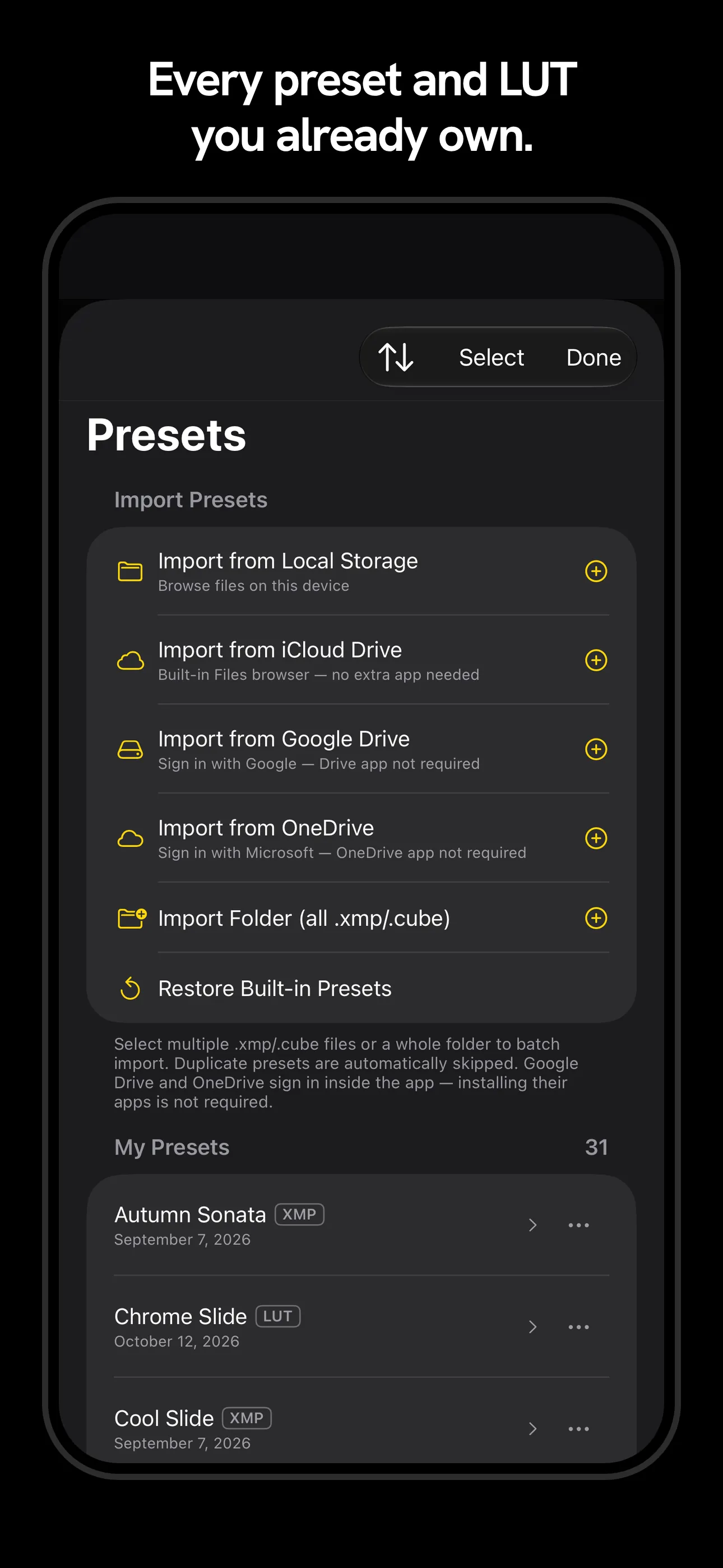 The Presets screen, listing imports from local storage, iCloud Drive, Google Drive, OneDrive and a whole folder of .xmp and .cube files, above the presets, each tagged XMP or LUT.